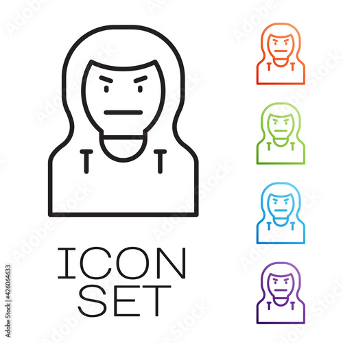 Black line Thief mask icon isolated on white background. Bandit mask, criminal man. Set icons colorful. Vector