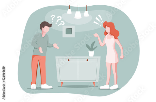 Divorce, breakup love concept. Married couple quarrels, woman accuses man of something, misunderstanding, resentment, argument and manipulation in love relationship.. Relationship problem, vector.