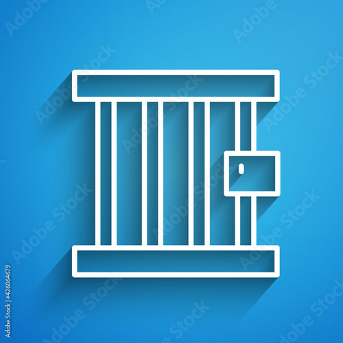 White line Prison window icon isolated on blue background. Long shadow. Vector