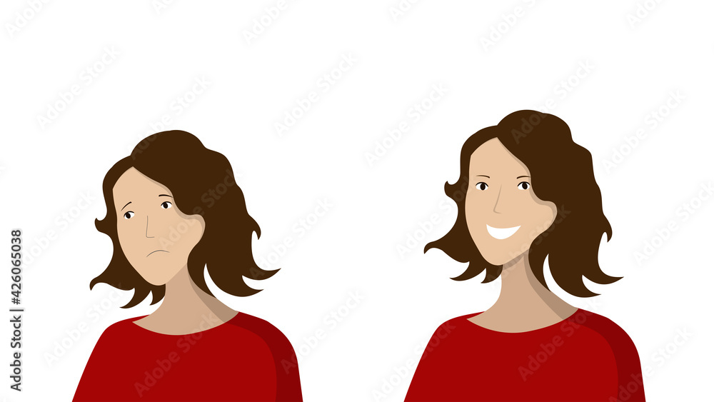 woman face sad and happy. Before and after reaction of a human mood. Character design. Flat vestor illustration woman face sad and happy. Before and after reaction of a human mood. Character design. Flat vestor illustration