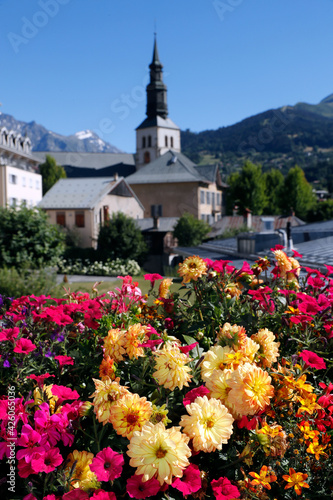 Colourful flowers in the village of Saint Gervais les Bains in the French Alps, Haute-Savoie,  France photo