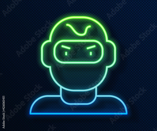 Glowing neon line Thief mask icon isolated on blue background. Bandit mask, criminal man. Vector