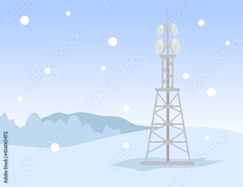 One metal signal transmission tower in winter field. Snow, network, internet flat vector illustration. Communication and connection concept for banner, website design or landing web page