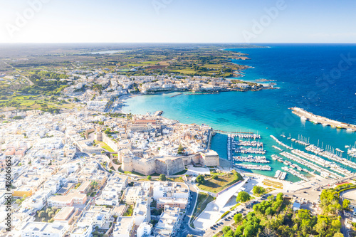 Aerial view of the coastal town of Otranto washed by the turquoise sea, Salento, Lecce province, Apulia, Italy