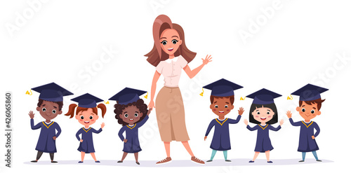 Happy graduate children wearing academic gowns and caps. Multicultural kids with teacher celebrating Kindergarten graduation together. Flat cartoon vector illustration.