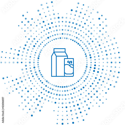 Blue line Paper package for kefir and glass icon isolated on white background. Dieting food for healthy lifestyle and probiotics fulfillment. Abstract circle random dots. Vector
