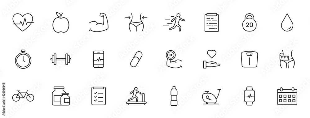 Set of 24 Sport and Fitness, healthy food web icons in line style. Soccer, nutrition, workout, teamwork. Vector illustration. Set of 24 Sport and Fitness, healthy food web icons in line style. Soccer, nutrition, workout, teamwork. Vector illustration.