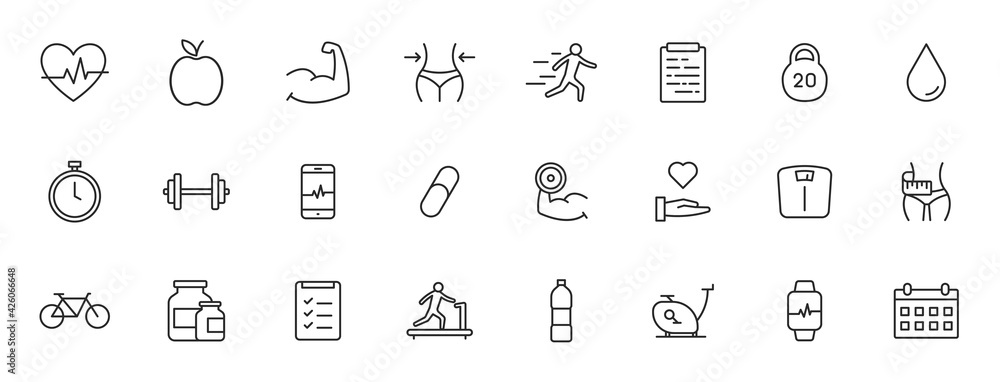 Set of 24 Sport and Fitness, healthy food web icons in line style. Soccer, nutrition, workout, teamwork. Vector illustration.