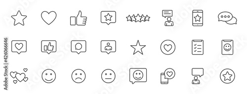 Set of 24 Feedback and Review icons in line style. Star Rating, Emotion symbols. Vector illustration.