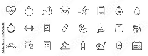 Set of 24 Sport and Fitness, healthy food web icons in line style. Soccer, nutrition, workout, teamwork. Vector illustration.