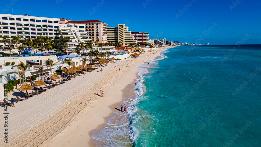 Aerial of the hotel zone with the turquoise waters of Cancun, Quintana Roo, Mexico Aerial of the hotel zone with the turquoise waters of Cancun, Quintana Roo, Mexico
