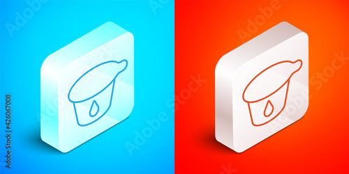 Isometric line Yogurt container icon isolated on blue and red background. Yogurt in plastic cup. Silver square button. Vector