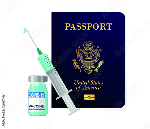 United States passenger passport and vaccination certificate. Passport and boarding pass. Two plane tickets in the passport. Air travel concept. Tourism concept
