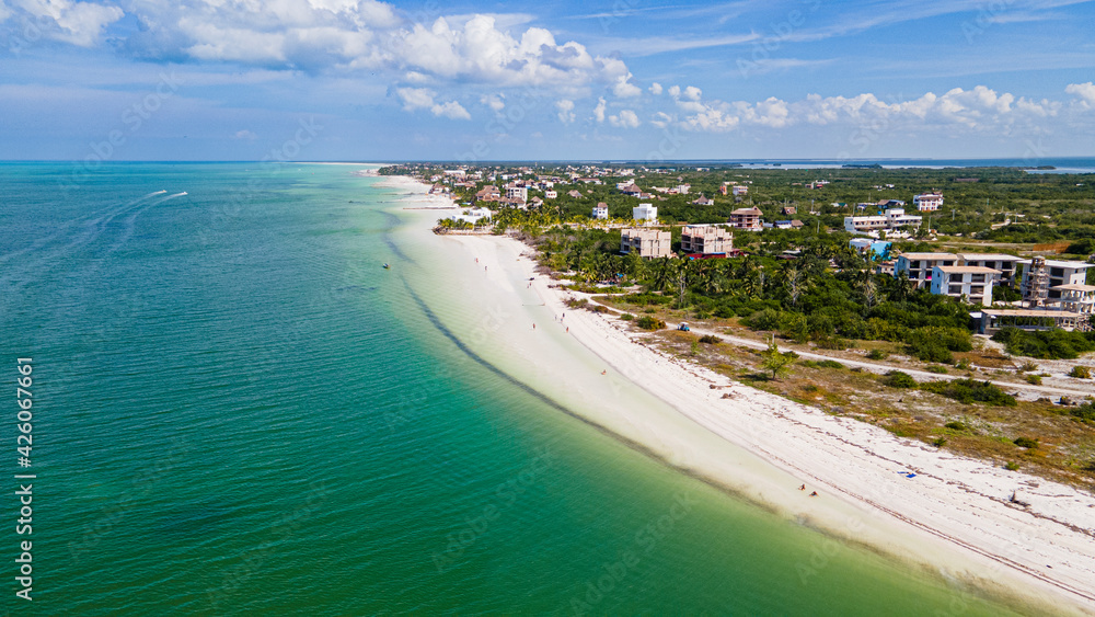 Aerial of the turquoise waters and white sands of Holbox island, Yucatan, Mexico Aerial of the turquoise waters and white sands of Holbox island, Yucatan, Mexico