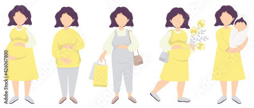 Motherhood. Vector set Happy pregnant woman in full growth. Gently hugs her belly with her hands, in a dress, overalls, with shopping bags, with a bouquet of flowers and with a newborn baby. flat 
