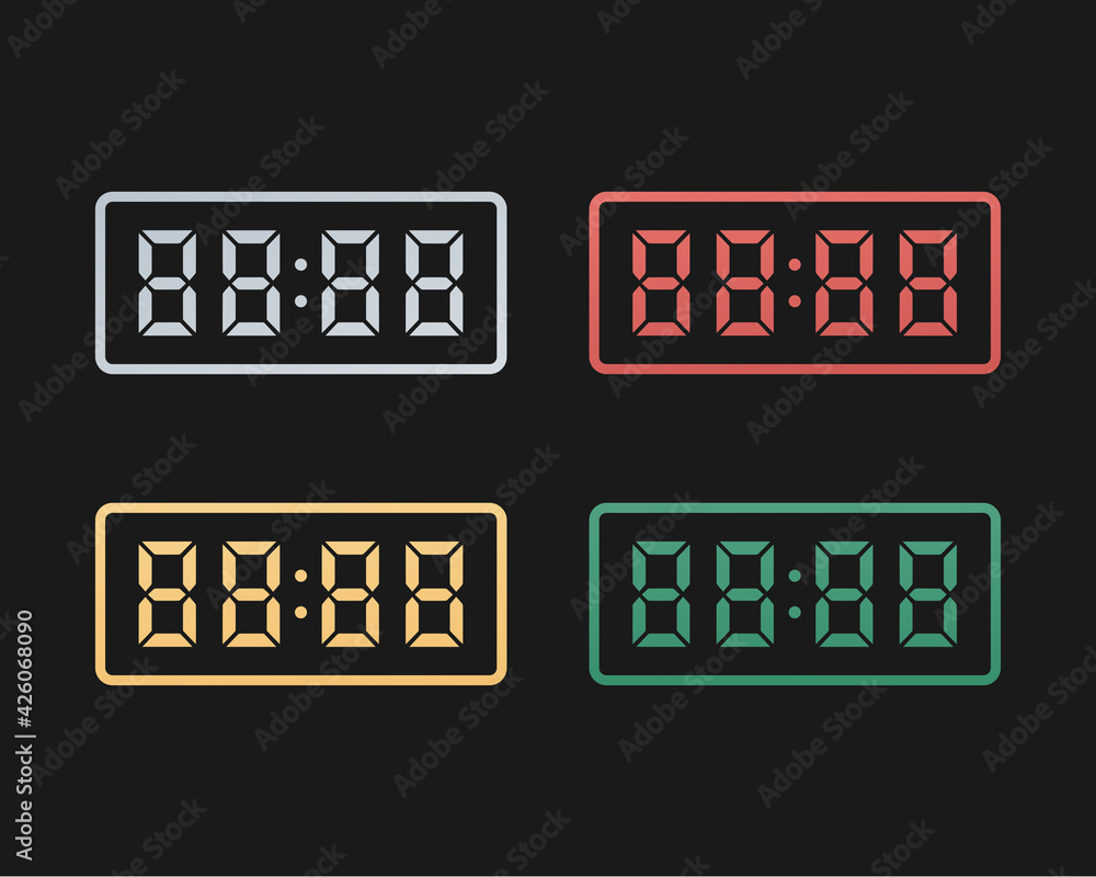 Digital number set for calculators and digital clocks. Colored vector illustration. Isolated on black background.