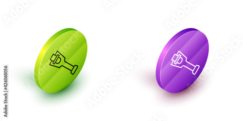 Isometric line Prosthesis leg icon isolated on white background. Futuristic concept of bionic leg, robotic mechanical leg. Green and purple circle buttons. Vector