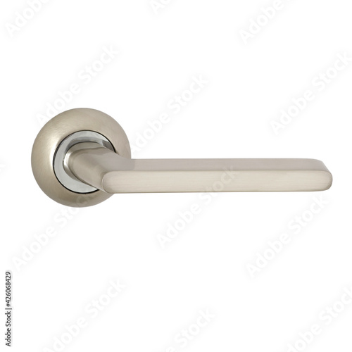 Chrome door handle on a round base with a rounded straight handle in a combined color with mirrored inserts on a white background