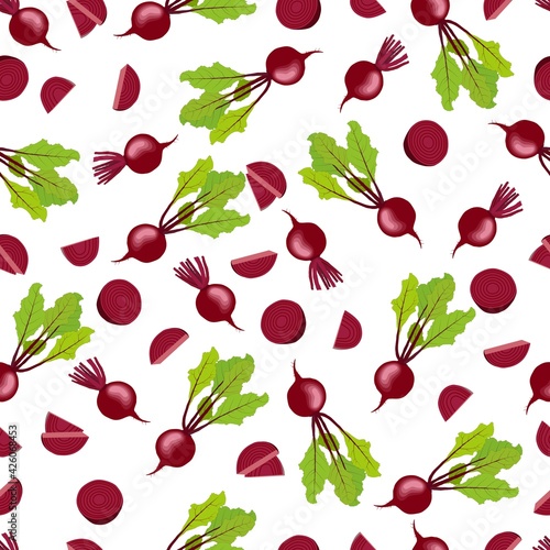 Seamless background of beetroot. Whole, sliced beetroot and half beetroot. Fresh organic and healthy, diet and vegetarian food. Vector illustration isolated on white background