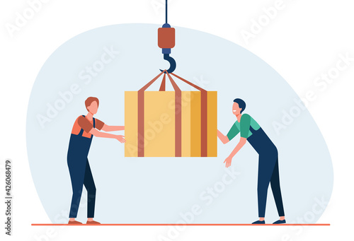 Cartoon working men taking off external load with lifting crane. Flat vector illustration. Two constructors loading or discharging cargo. Cargo hauling, goods transportation concept for banner design