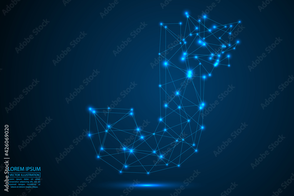 The destruction of the abstract font of  letters consists 3d of triangles, lines, dots and connections. On a dark blue background cosmic universe stars, meteorites, galaxies. Vector eps 10.
