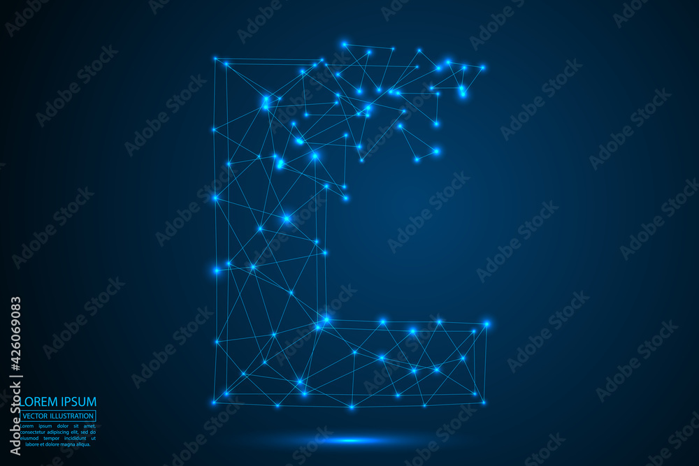 The destruction of the abstract font of  letters consists 3d of triangles, lines, dots and connections. On a dark blue background cosmic universe stars, meteorites, galaxies. Vector eps 10.