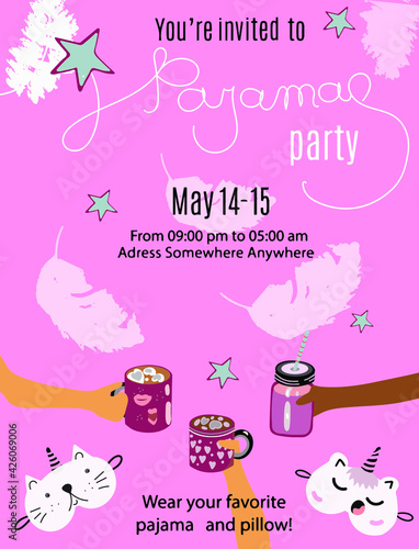 Pajama Party invitation card template, lettering, pink, delicious, night masks