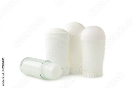 Different white deodorant isolated on white background. Close up