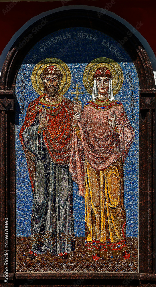 External mosaic decoration of Ascention Christi church. John the Baptist monastery, city of Vyaz`ma, Russia