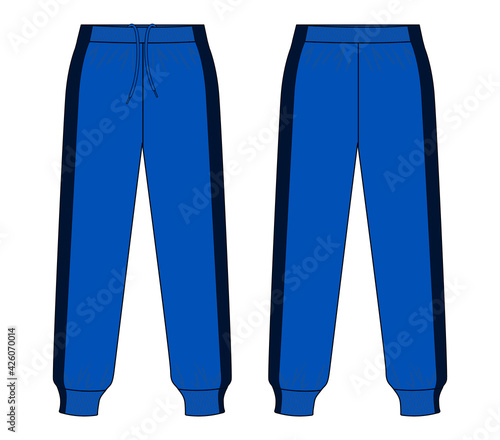 Two Tone Blue Tracksuit Pants With Navy In Side Design Vector.Front And Back View.