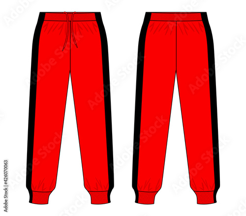 Two Tone Red Tracksuit Pants With Black In Side Design Vector.Front And Back View.