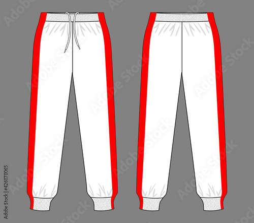 Two Tone White Tracksuit Pants With Red In Side Design Vector.Front And Back View.