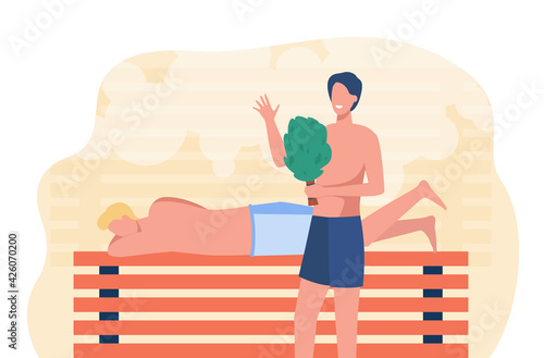 Cartoon people characters taking steam bath together. Flat vector illustration. Two men enjoying baths and steam, hammam with sauna whisk. Relax, health, bathhouse concept for banner design