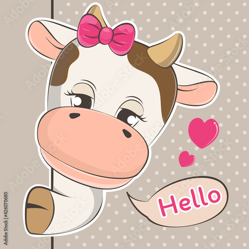 Cute cartoon peeping out cow baby and slogan hello.