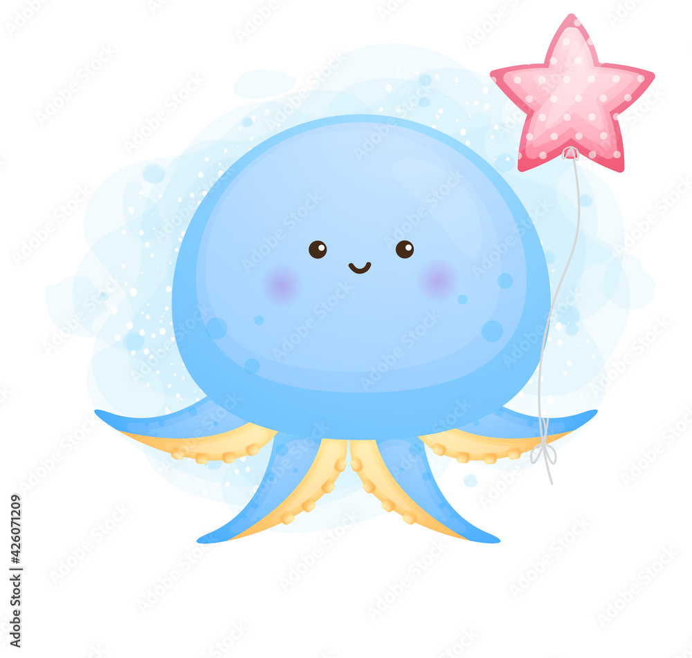 Cute doodle baby octopus holding balloon cartoon character Premium Vector Cute doodle baby octopus holding balloon cartoon character Premium Vector