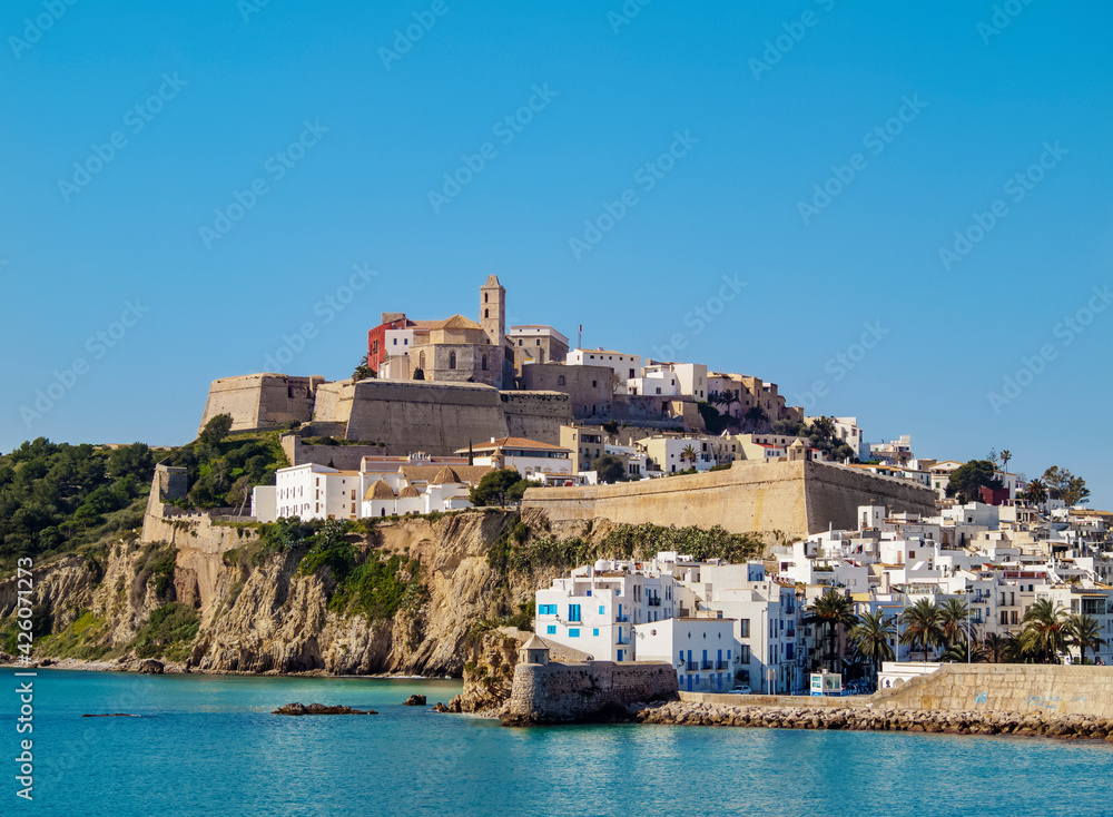 View of the old town, Dalt Vila of Eivissa, Ibiza, Balearic Islands, Spain, Mediterranean View of the old town, Dalt Vila of Eivissa, Ibiza, Balearic Islands, Spain, Mediterranean