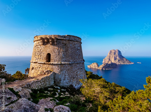 Torre des Savinar and Es Vedra Island, Ibiza, Balearic Islands, Spain, Mediterranean
