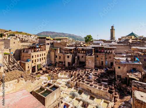 Merveilles de Cuir Tannery inside the Old Medina, elevated view, Fes, Fez-Meknes Region, Morocco, North Africa photo