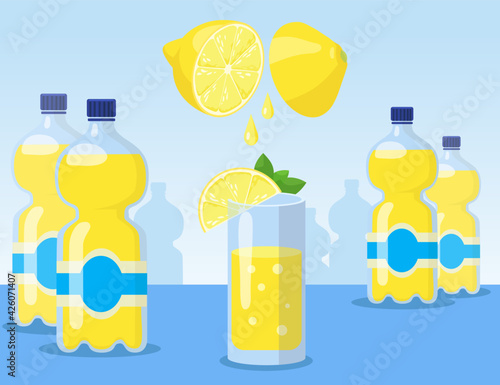 Cartoon lemonade in glass and bottles flat vector illustration. Process of making yellow lemonade with sliced lemons on blue background. Drinks, beverages concept for advertisement or banner design