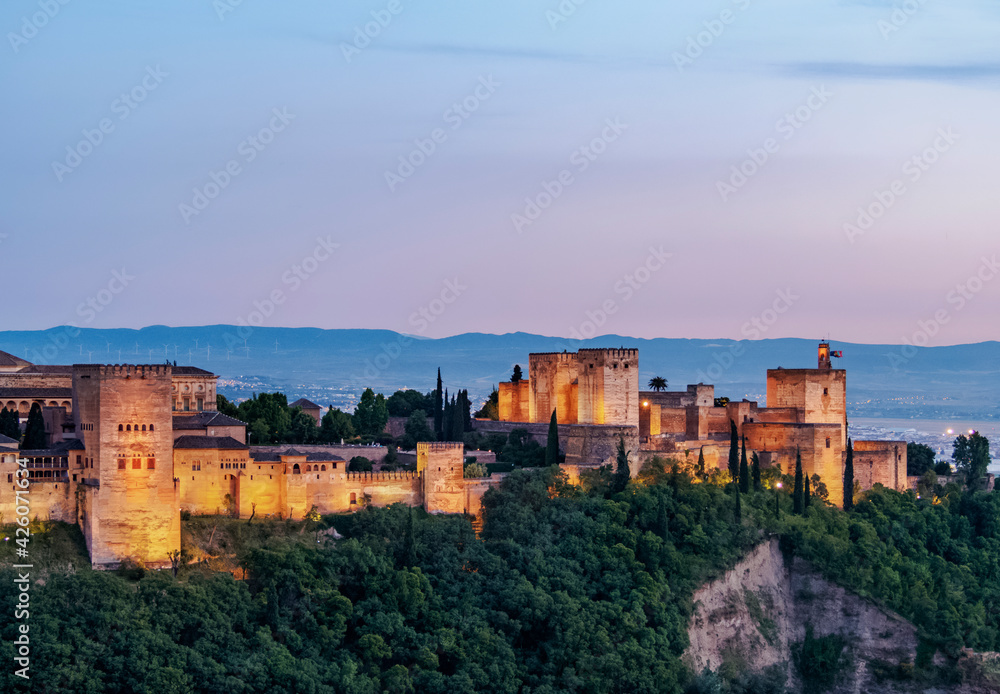 The Alhambra, a palace and fortress complex, dusk, UNESCO World Heritage Site, Granada, Andalusia, Spain The Alhambra, a palace and fortress complex, dusk, UNESCO World Heritage Site, Granada, Andalusia, Spain