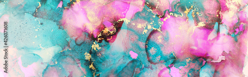 art photography of abstract fluid art painting with alcohol ink, blue, pink and gold colors