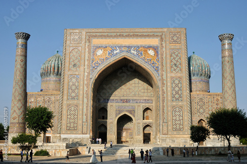 Sirdar Madrasa was built in the 15th century. The tile decorations in the madrasa are remarkable. Samarkand, Uzbekistan.