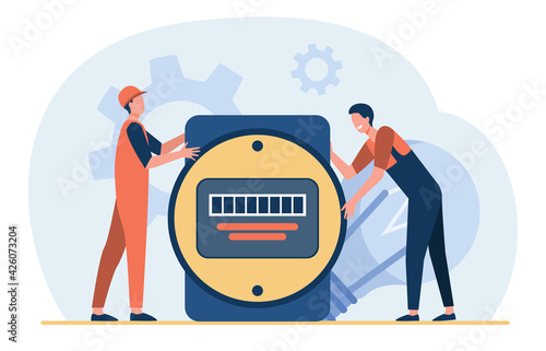 Cartoon tiny electricians holding giant electrical counter. Flat vector illustration. Charge register, power monitor providing energies control, service. Electricity, energy concept for banner design