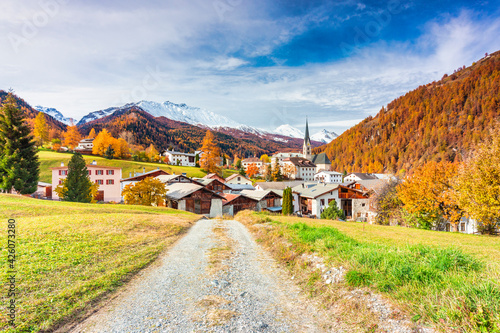 Traditional Swiss village called Santa Maria in Val Mustair, Canton Graubunden, Switzerland photo