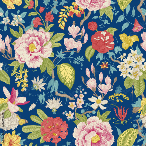 Bloom. Vintage floral seamless pattern. Spring flowers. Blue