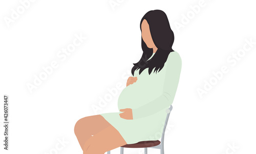 Pregnant Young Woman in Light Green Dress Sits on Chair Holding Her Belly. Vector Illustration