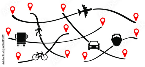 Route with start point GPS. Truck, plane, ship, bike, car and walking person. Cargo delivery, business concept. Vector transport pin location sign. Line path of transportation.