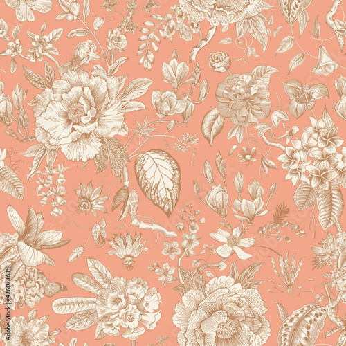Bloom. Vintage floral seamless pattern. Spring flowers. Coral color