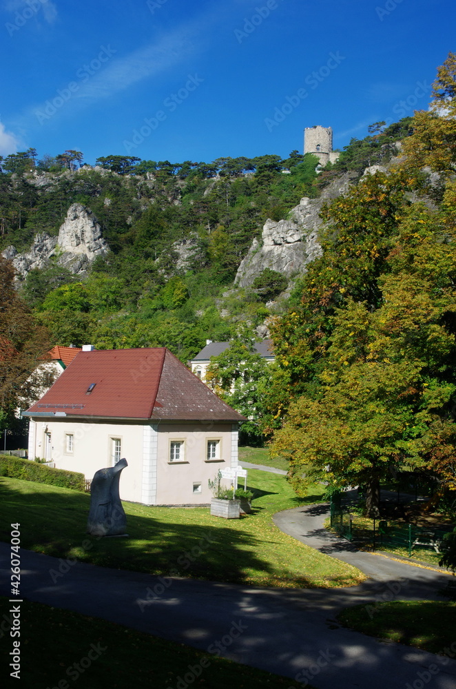 Moedling (Mödling), Lower Austria. Travel destination trip from Vienna. Beautiful view on Austria village with blue sky and nature, Austria. Black Tower (Schwarzer Turm), Moedling, Lower Austria.