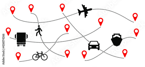 Route with start point GPS. Truck, plane, ship, bike, car and walking person. Cargo delivery, business concept. Vector transport pin location sign. Line path of transportation.